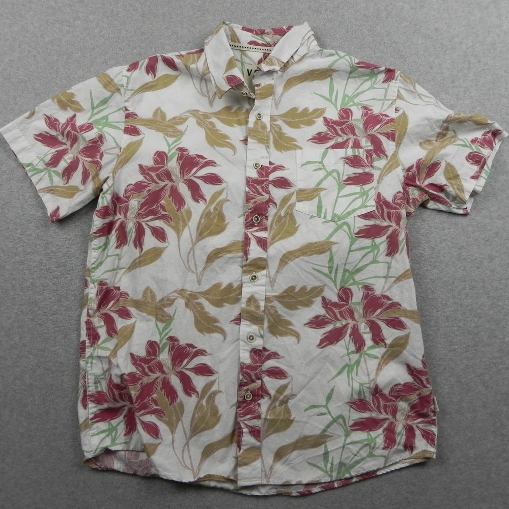 VSTR Premium Shirt Mens Medium Floral Hibiscus Cotton Short Sleeve Button White